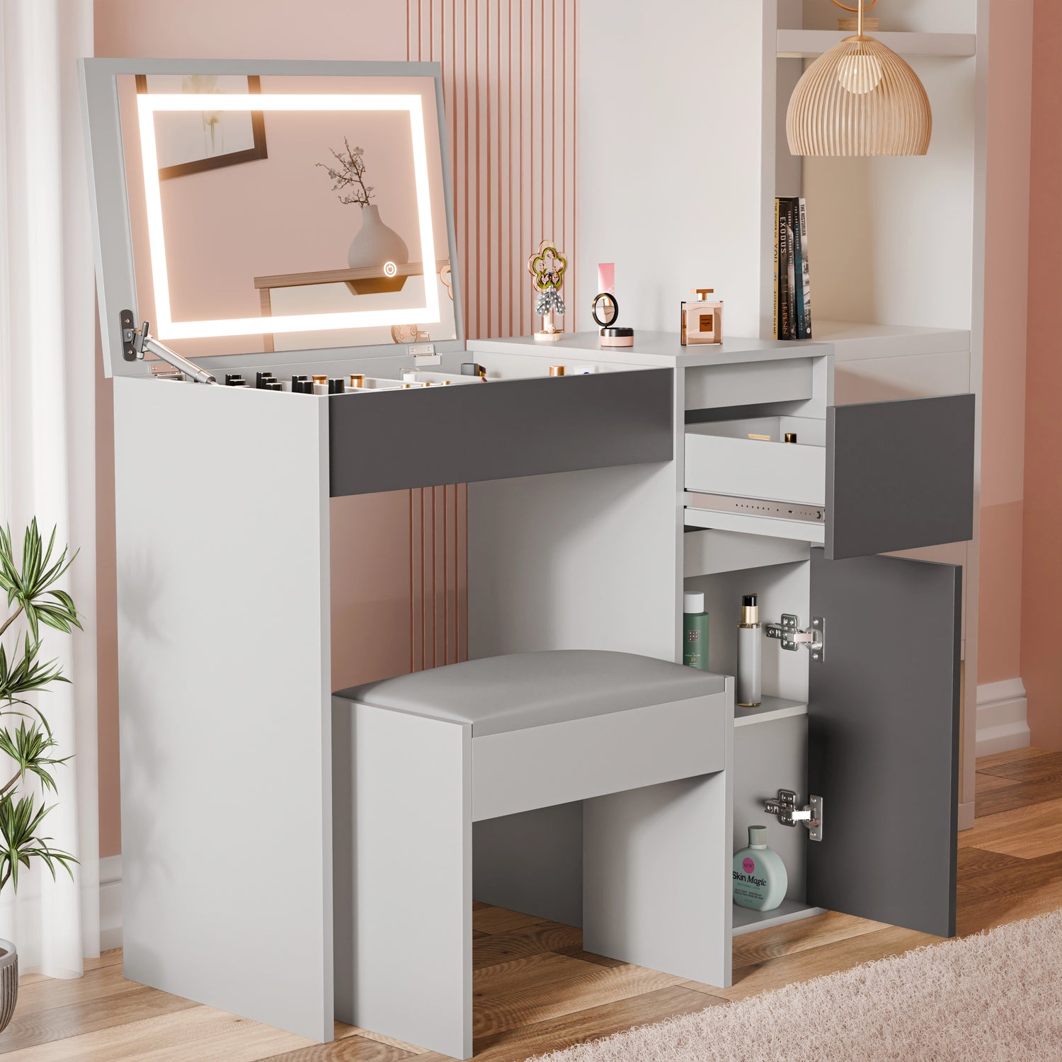 Small Dressing Table with Mirror and Lights, Stool - Makeup Vanity Desk