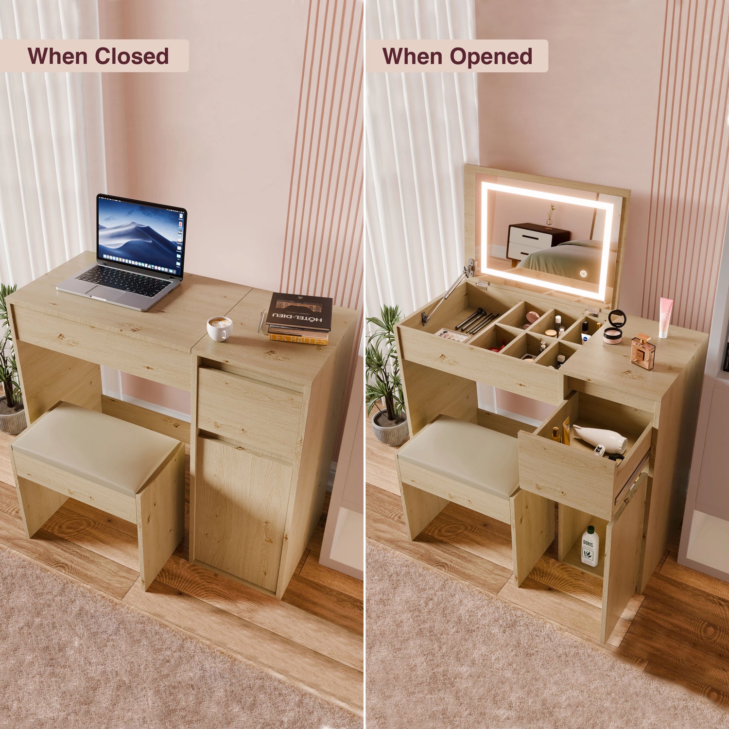 Small Dressing Table with Mirror and Lights, Stool - Makeup Vanity Desk
