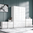 White High Gloss 4 Piece Bedroom Set with 3 door wardrobe, chest of drawers, and 2 bedside tables, perfect for bright interiors