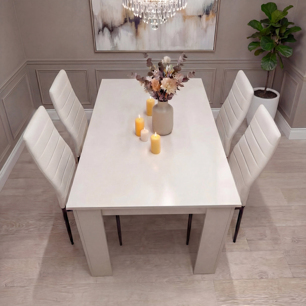 White 4 seater dining table and chairs set with PU leather upholstery, arranged in a neutral-toned room for modern dining.