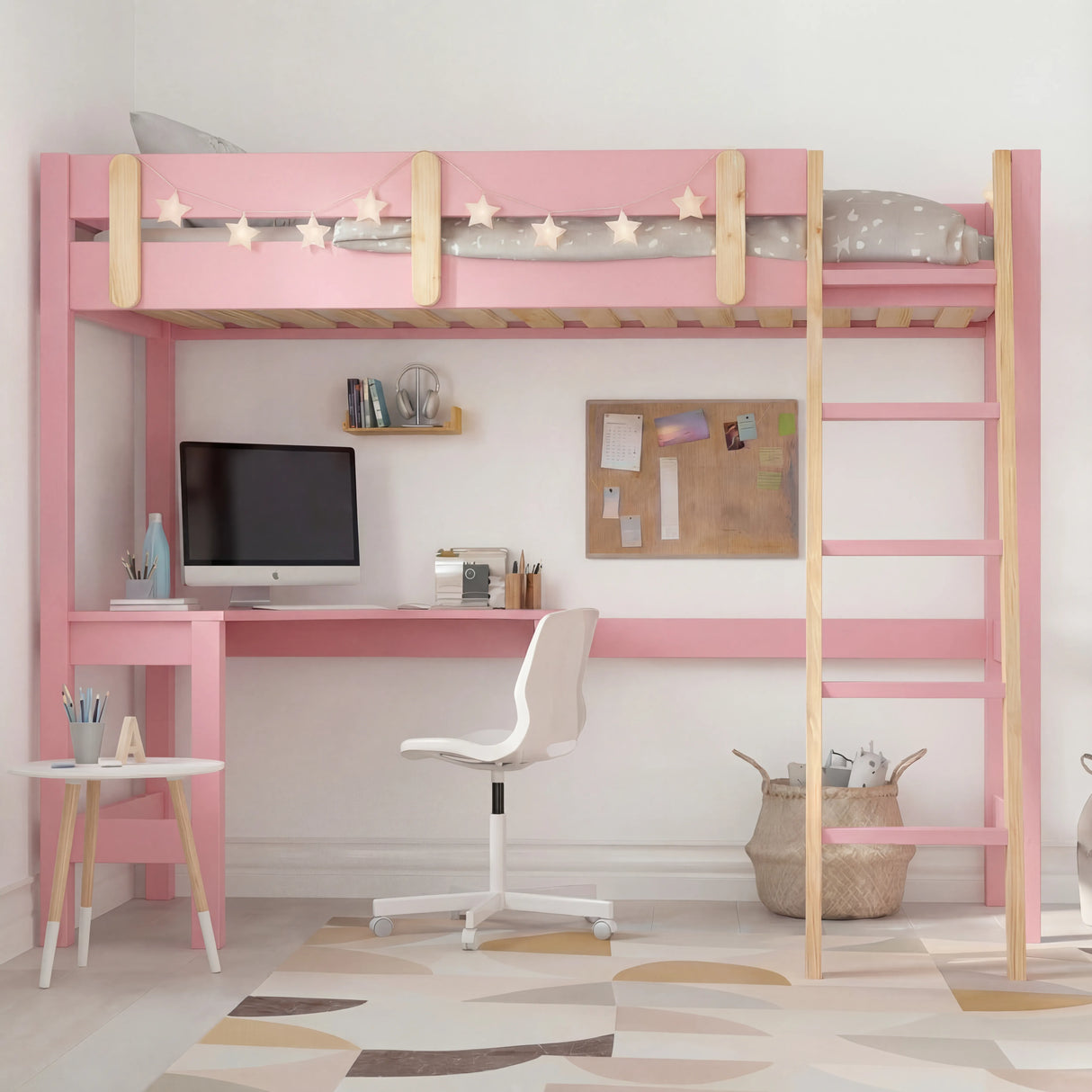 Bunk bed with desk - high sleeper loft bed frame for kids in pink wood finish, featuring a built-in study desk, ladder, and star-themed safety rails.