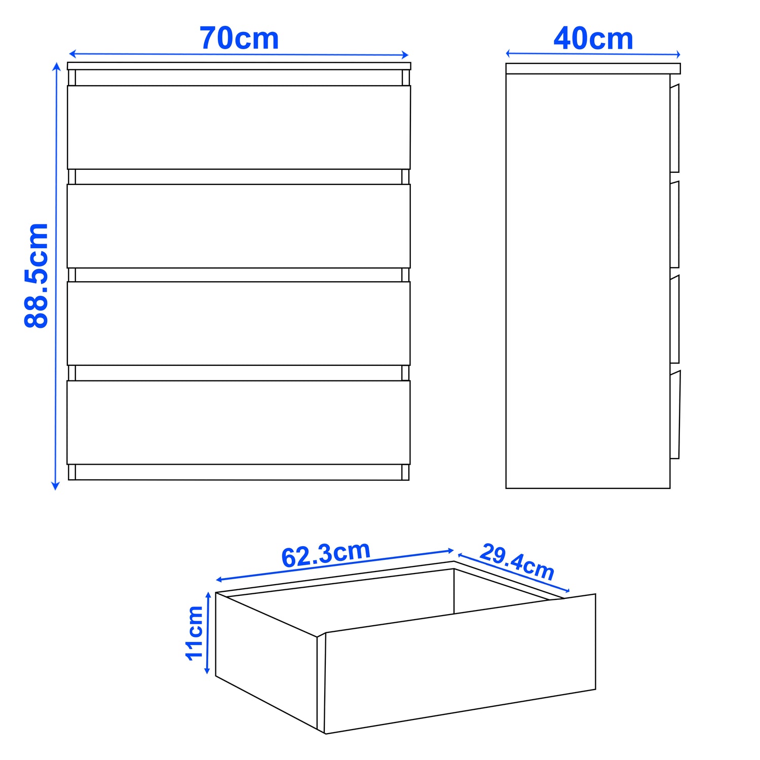 Dimensions of a kitchen cabinet with measurements in centimeters