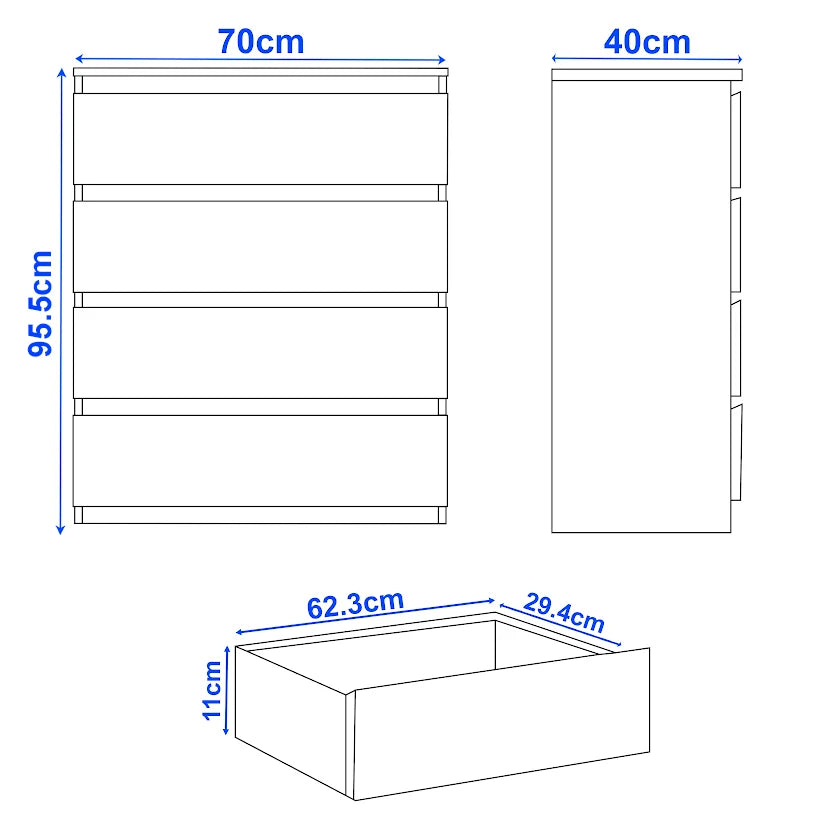 Dimensions of a kitchen cabinet with measurements in centimeters