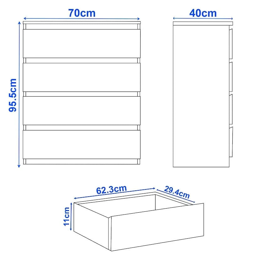 Dimensions of a kitchen cabinet with measurements in centimeters