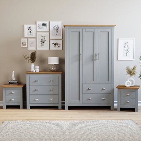 Shaker 4 Piece Bedroom Set in grey featuring 3 door wardrobe, chest of drawers, and 2 bedside tables with oak-effect tops and silver handles.