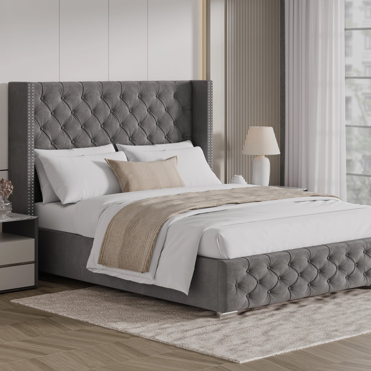 Cross Pattern Velvet Ottoman Storage Bed - Winged Bed Frame