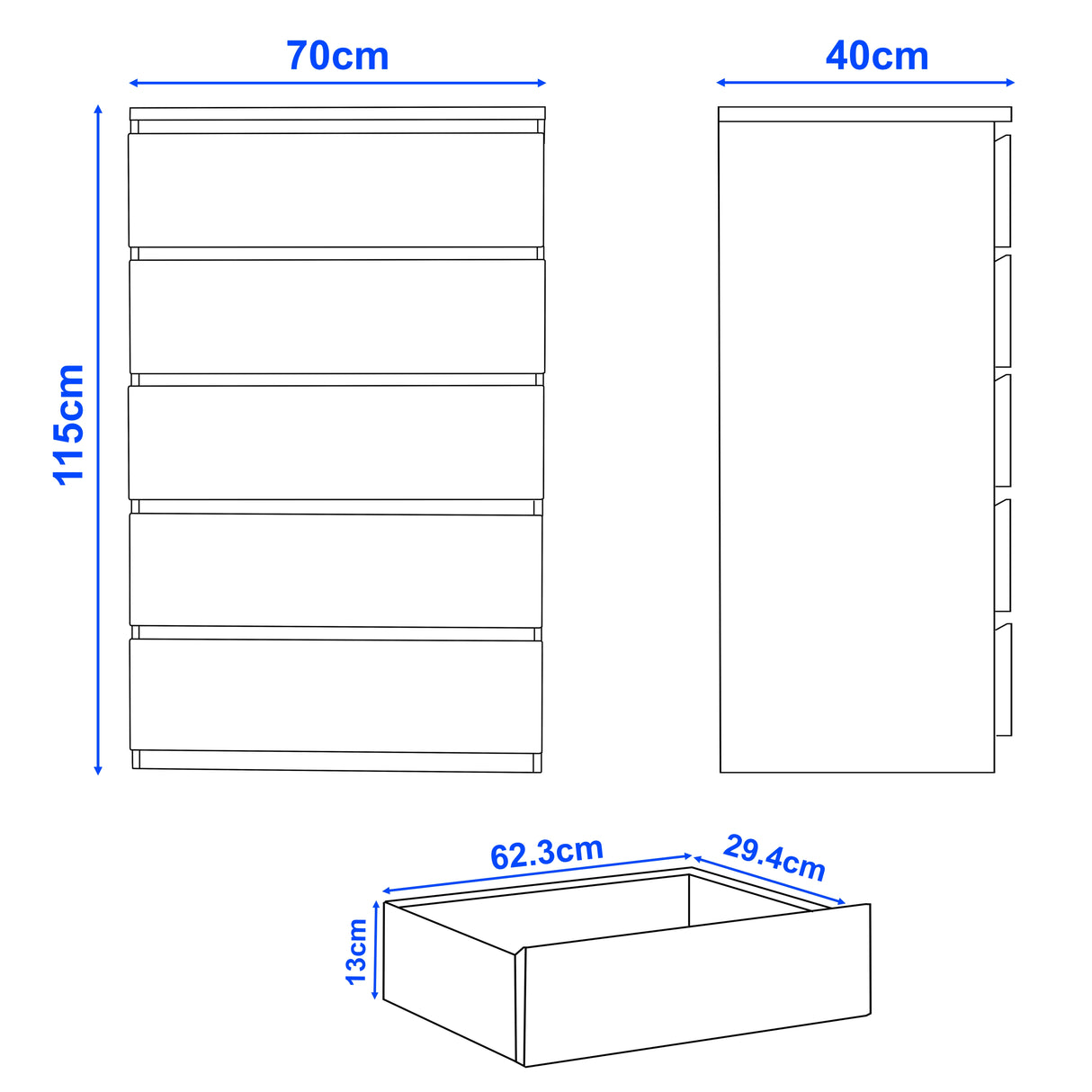 Dimensions of a piece of furniture with clear labels on a white background