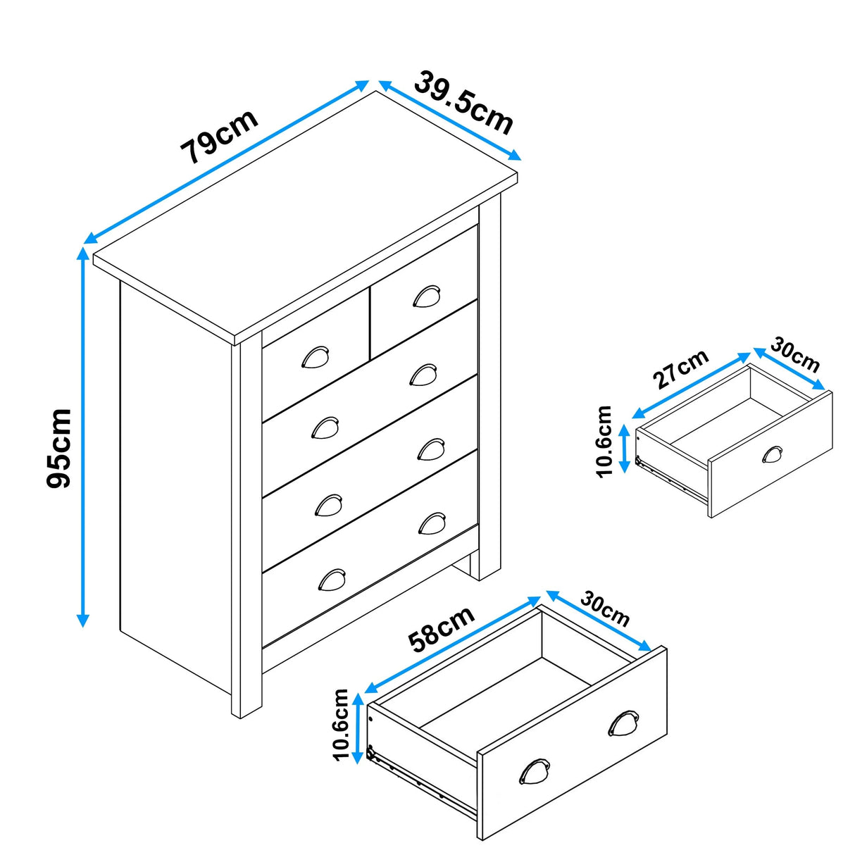 Diagram of a chest of drawers with dimensions labeled