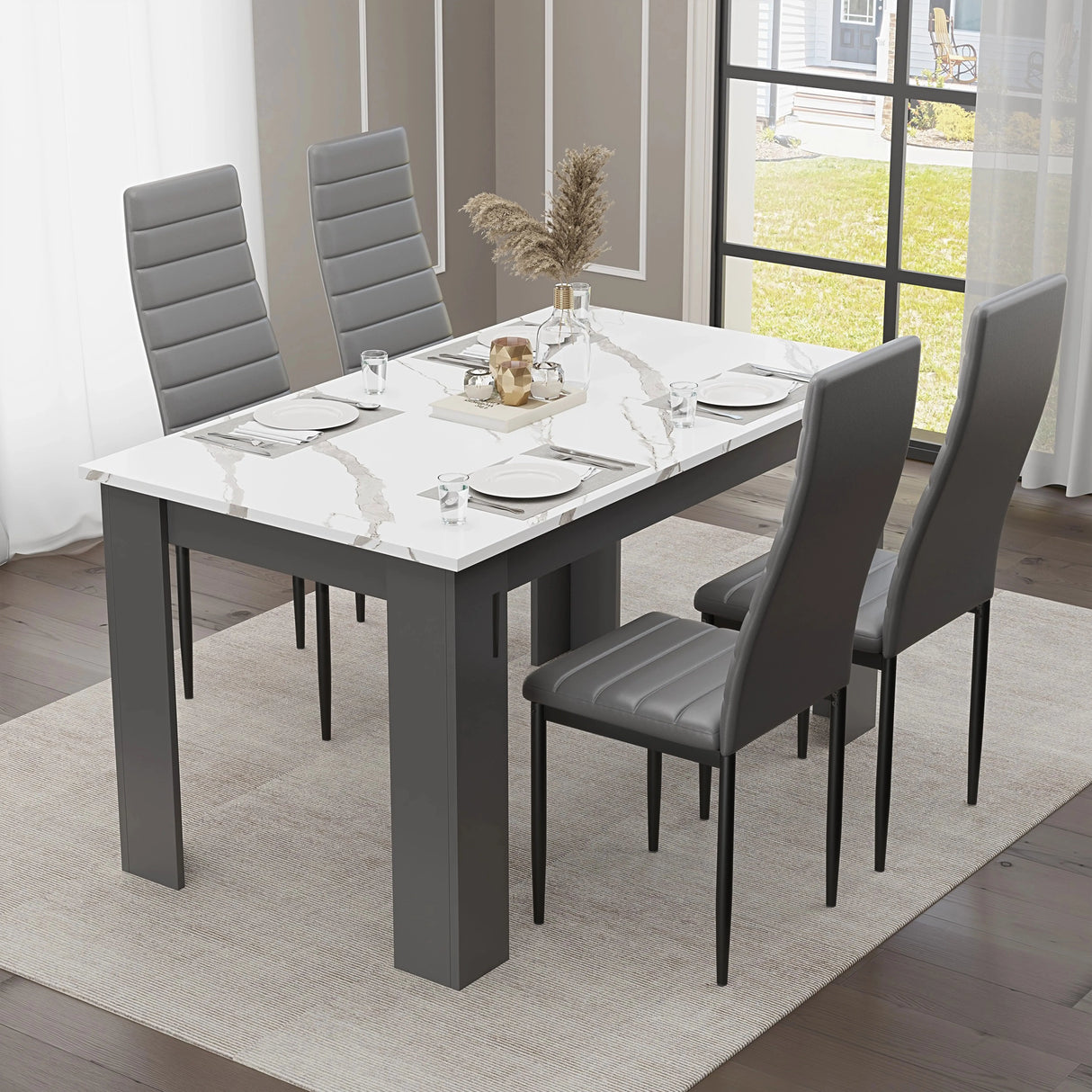 White Marble 4-6 Seater Dining Table and Chairs Set