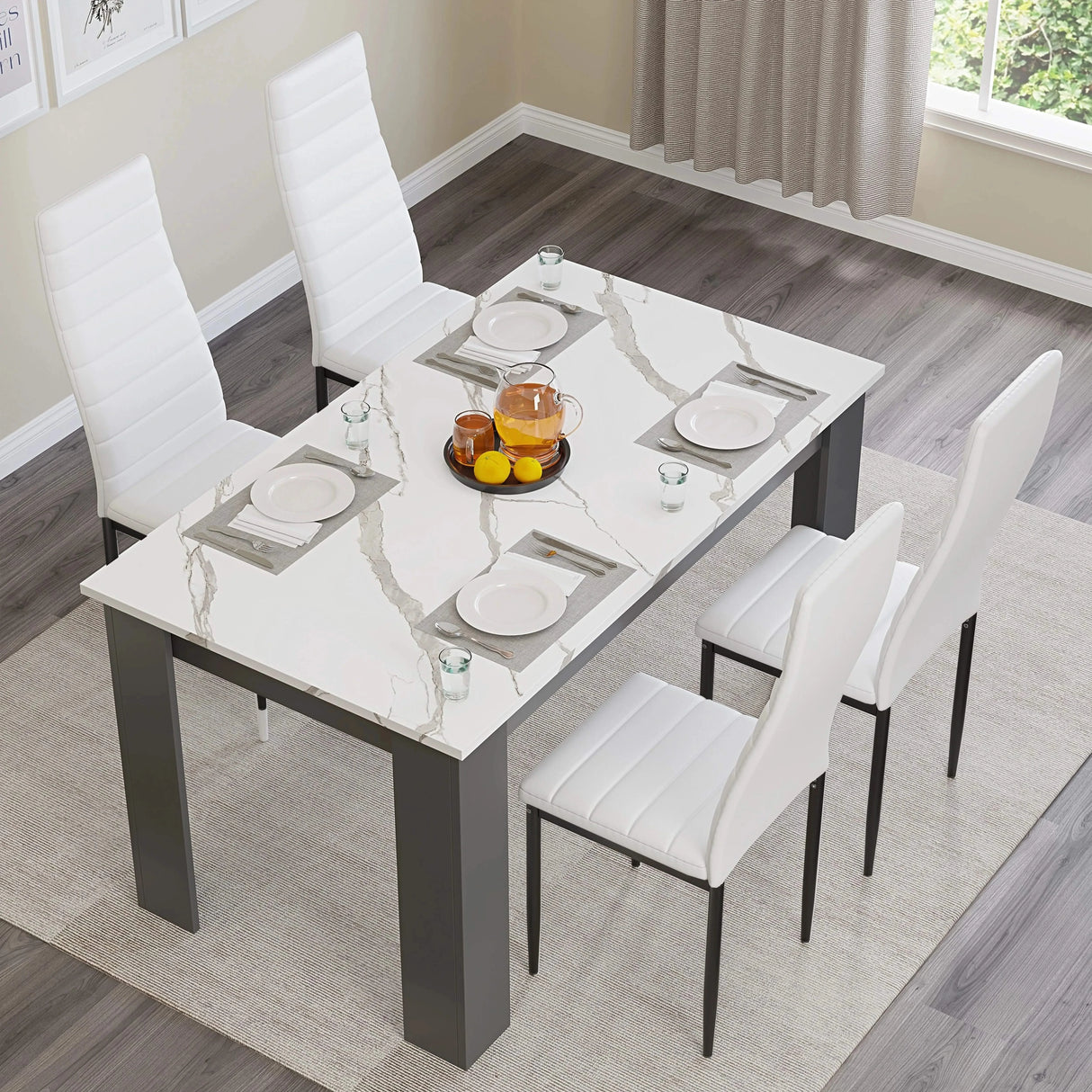 White Marble 4-6 Seater Dining Table and Chairs Set