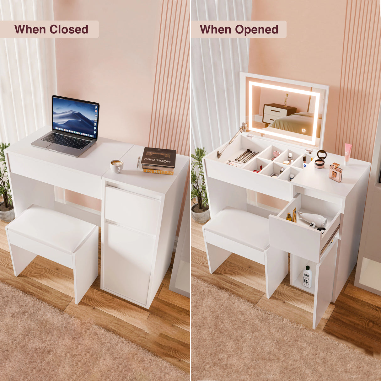 Small Dressing Table with Mirror and Lights, Stool - Makeup Vanity Desk