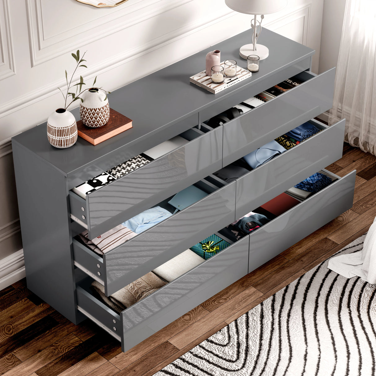High Gloss Large 6 Drawer Chest of Drawers in grey with modern design, offering spacious bedroom storage for clothes and essentials.