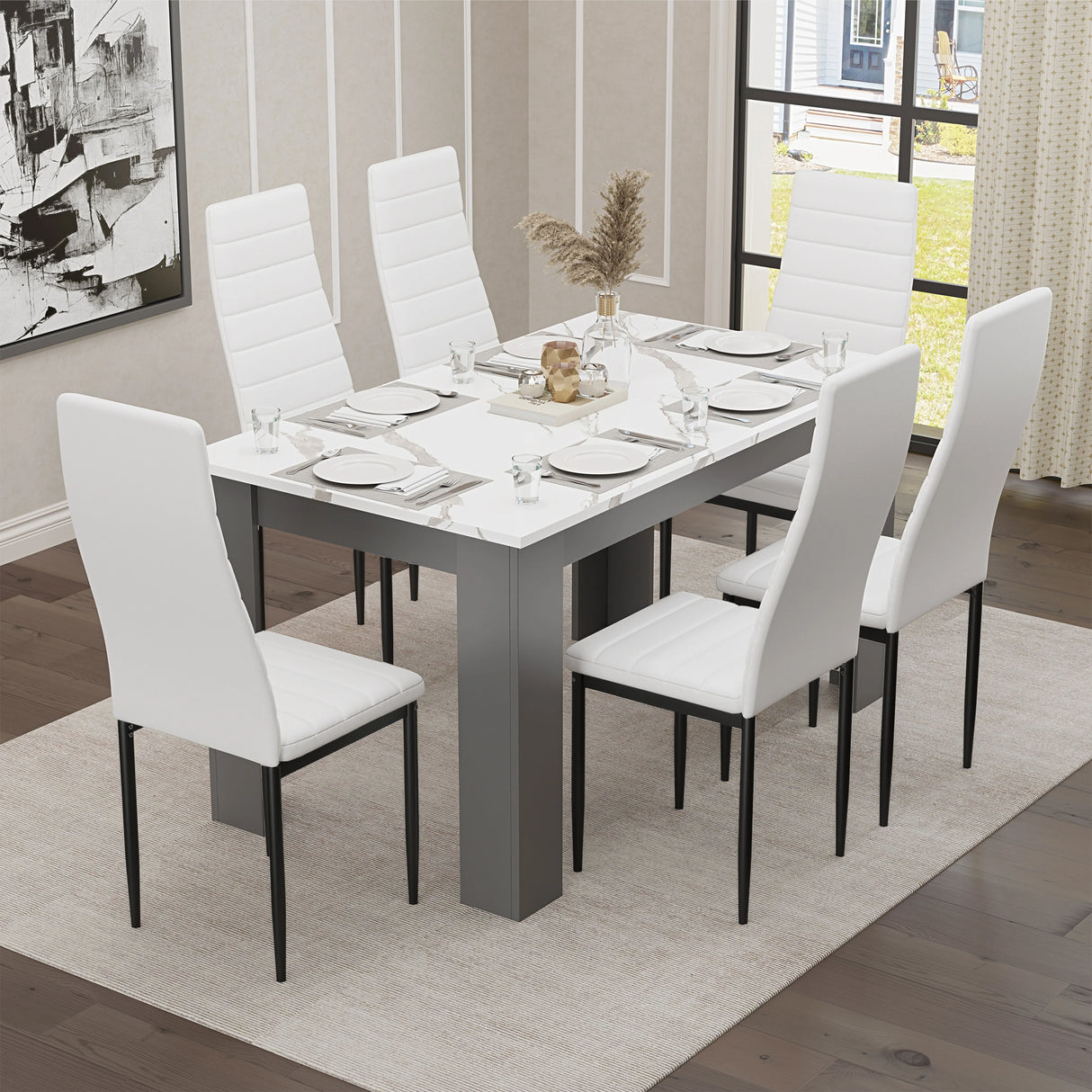 White Marble 4-6 Seater Dining Table and Chairs Set