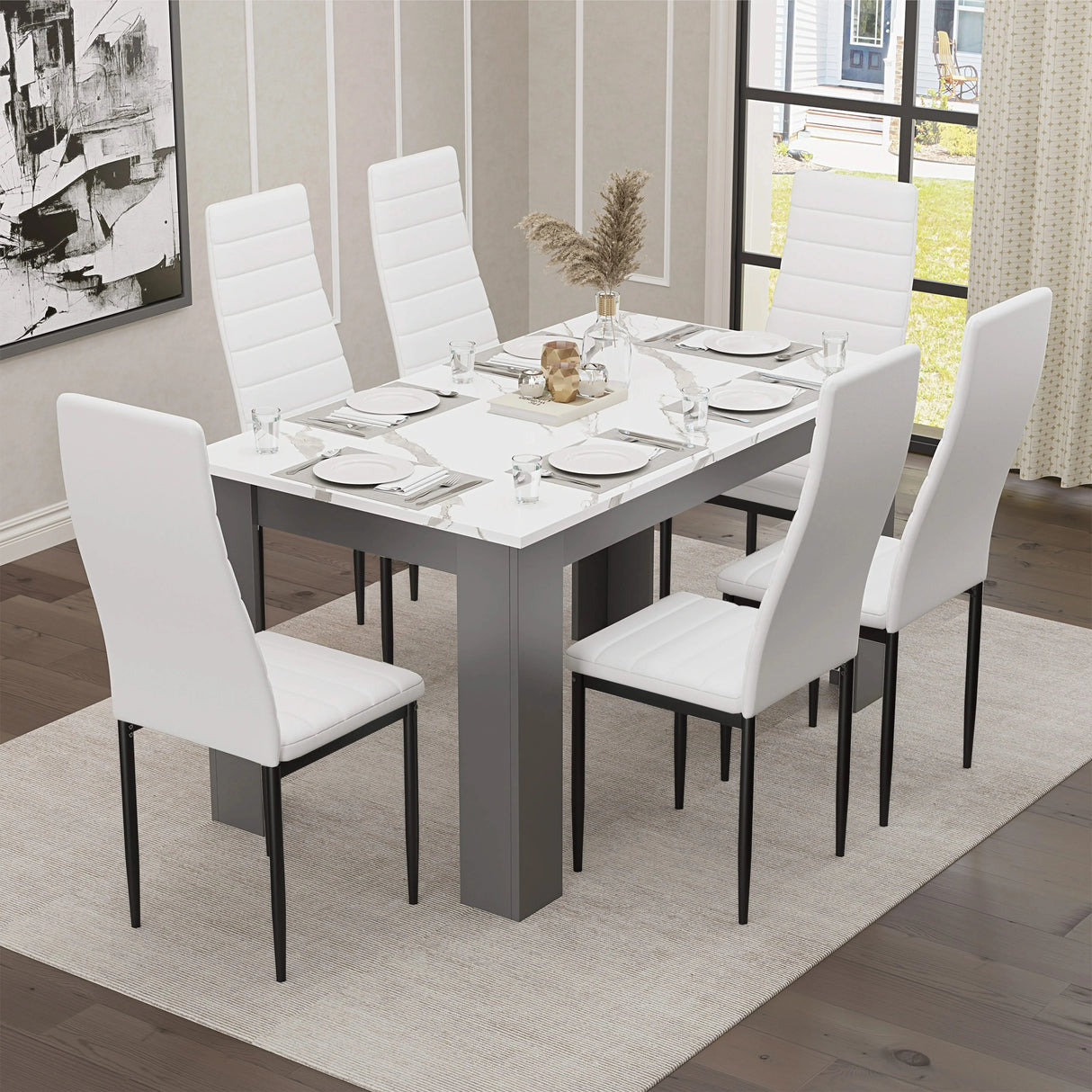 White Marble 4-6 Seater Dining Table and Chairs Set