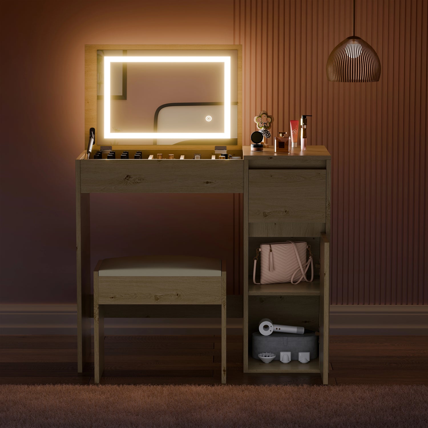 Small Dressing Table with Mirror and Lights, Stool - Makeup Vanity Desk