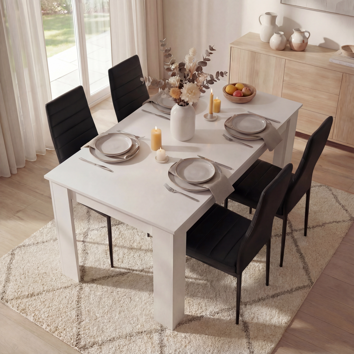 Dining room with a white table set for dinner, black chairs, and decorative elements.