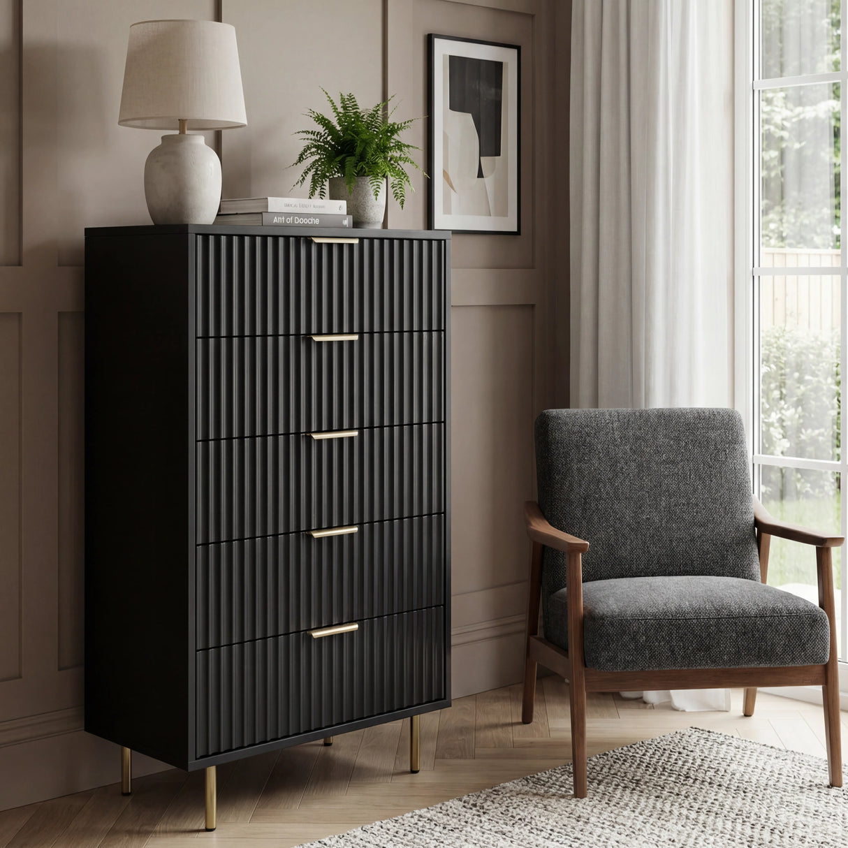 Flutrina Painted Tall Chest of 5 Drawers with Metal Handles