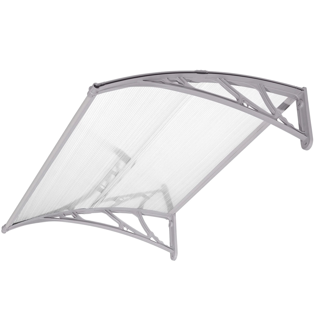 Waterproof front door canopy awning with curved polycarbonate roof and grey brackets, ideal for UV and rain protection. Stylish and durable for entryways.