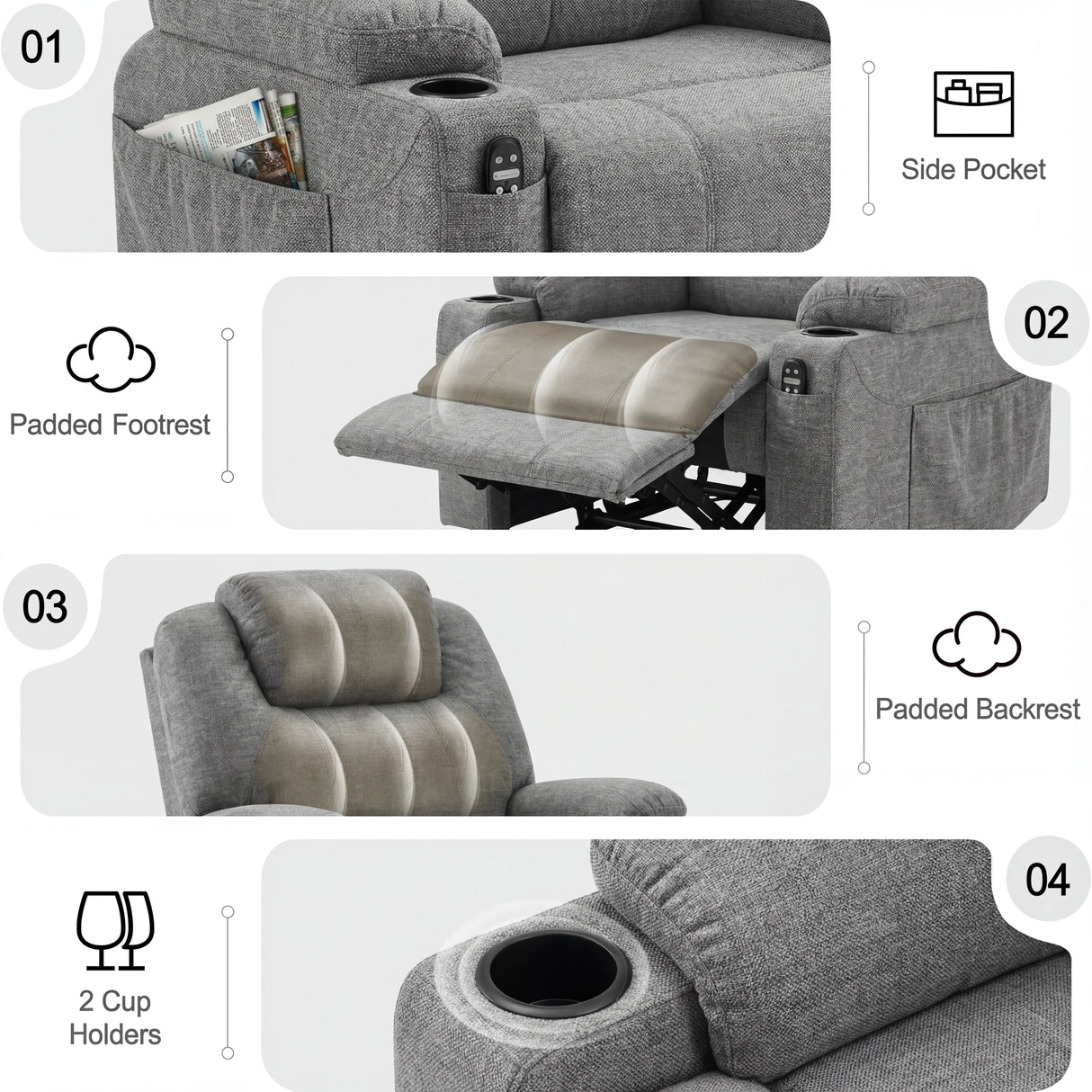 Riser Recliner Chair With Cup Holder, Heat and Massage