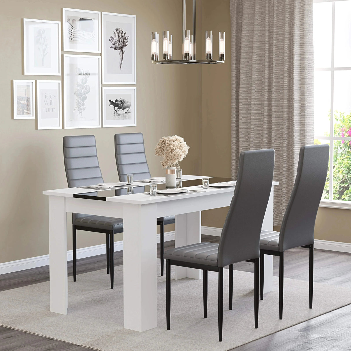 White & Black Gloss 4-6 Seater Dining Table and Chairs Set