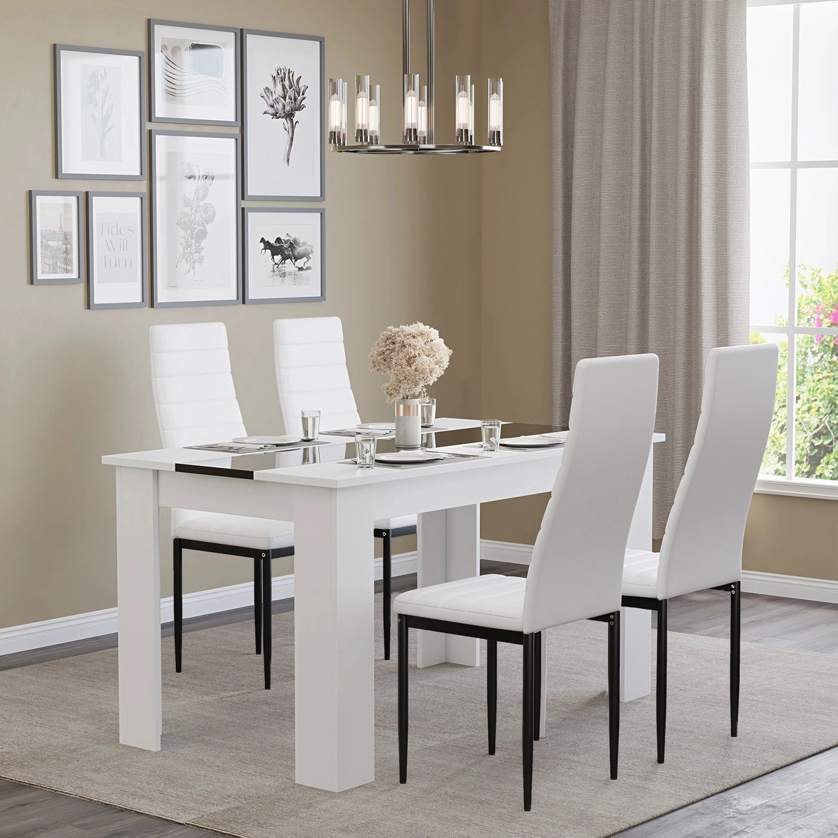 White & Black Gloss 4-6 Seater Dining Table and Chairs Set