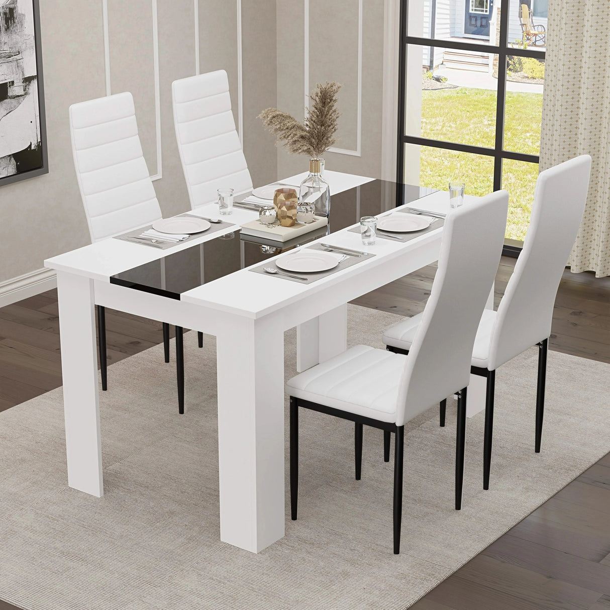 White & Black Gloss 4-6 Seater Dining Table and Chairs Set