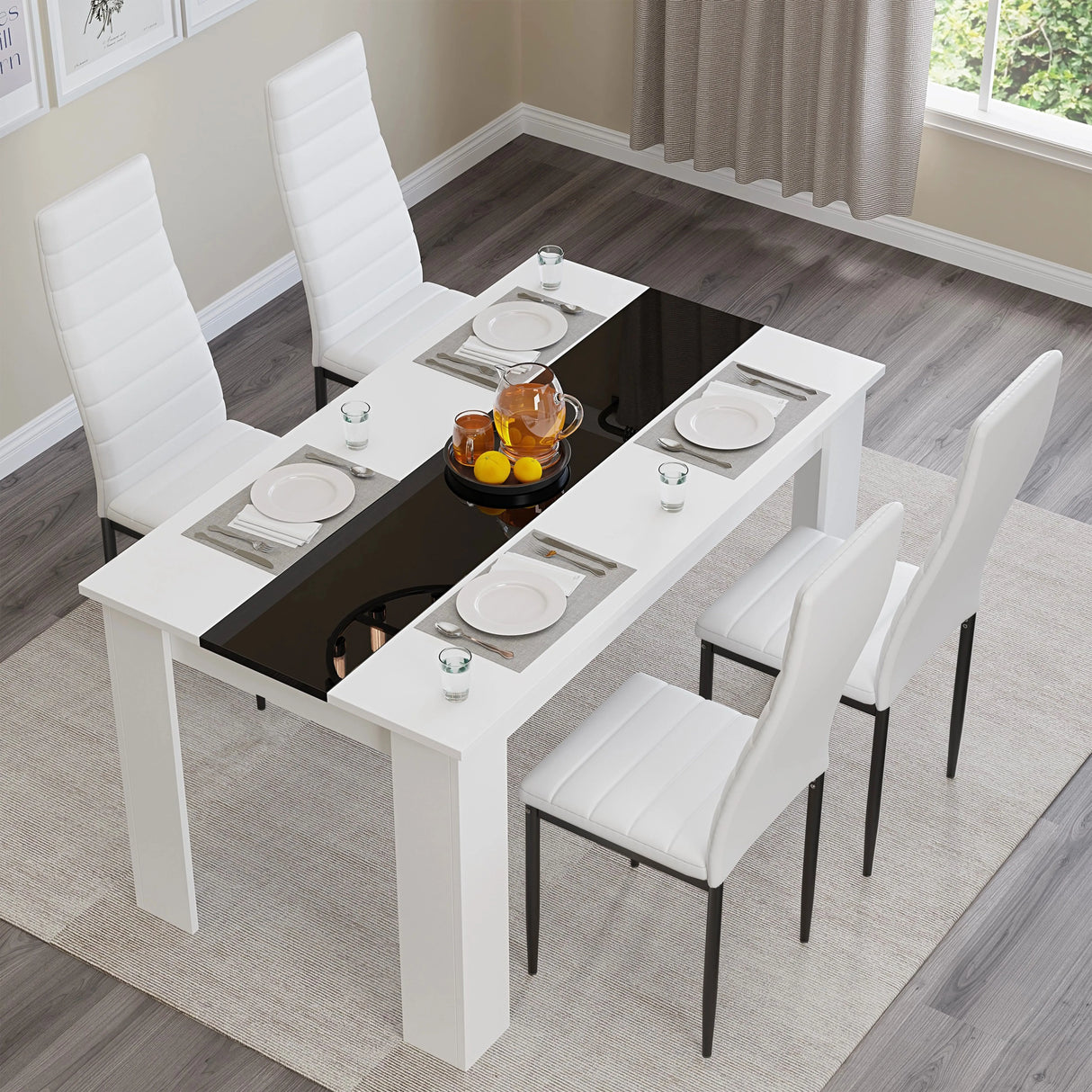 White & Black Gloss 4-6 Seater Dining Table and Chairs Set