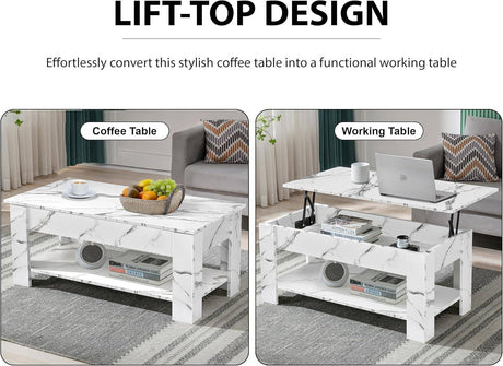 Lift Top Storage Coffee Table in white marble finish shown as both a coffee table and a raised working table with hidden storage shelf.