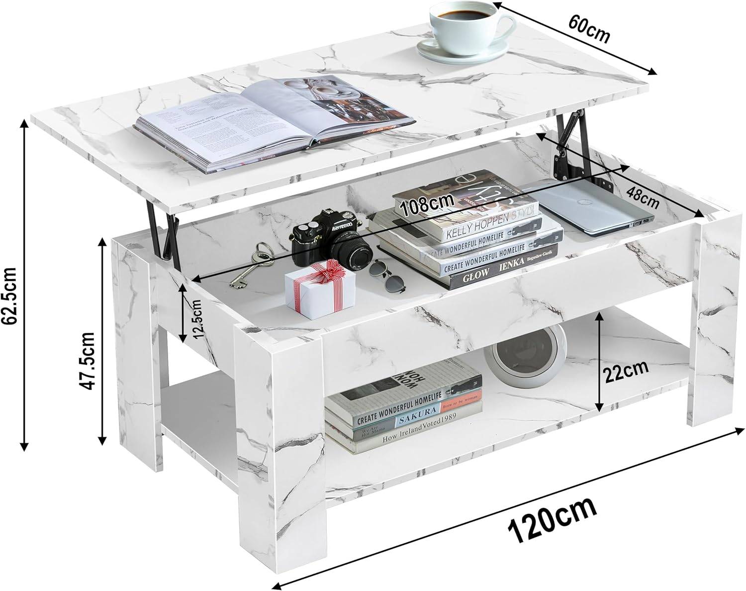 Lift Top Storage Coffee Table in white marble finish with hidden compartment and open shelf, 120cm wide modern tea table for living rooms.