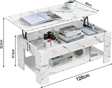 Lift Top Storage Coffee Table in white marble finish with hidden compartment and open shelf, 120cm wide modern tea table for living rooms.