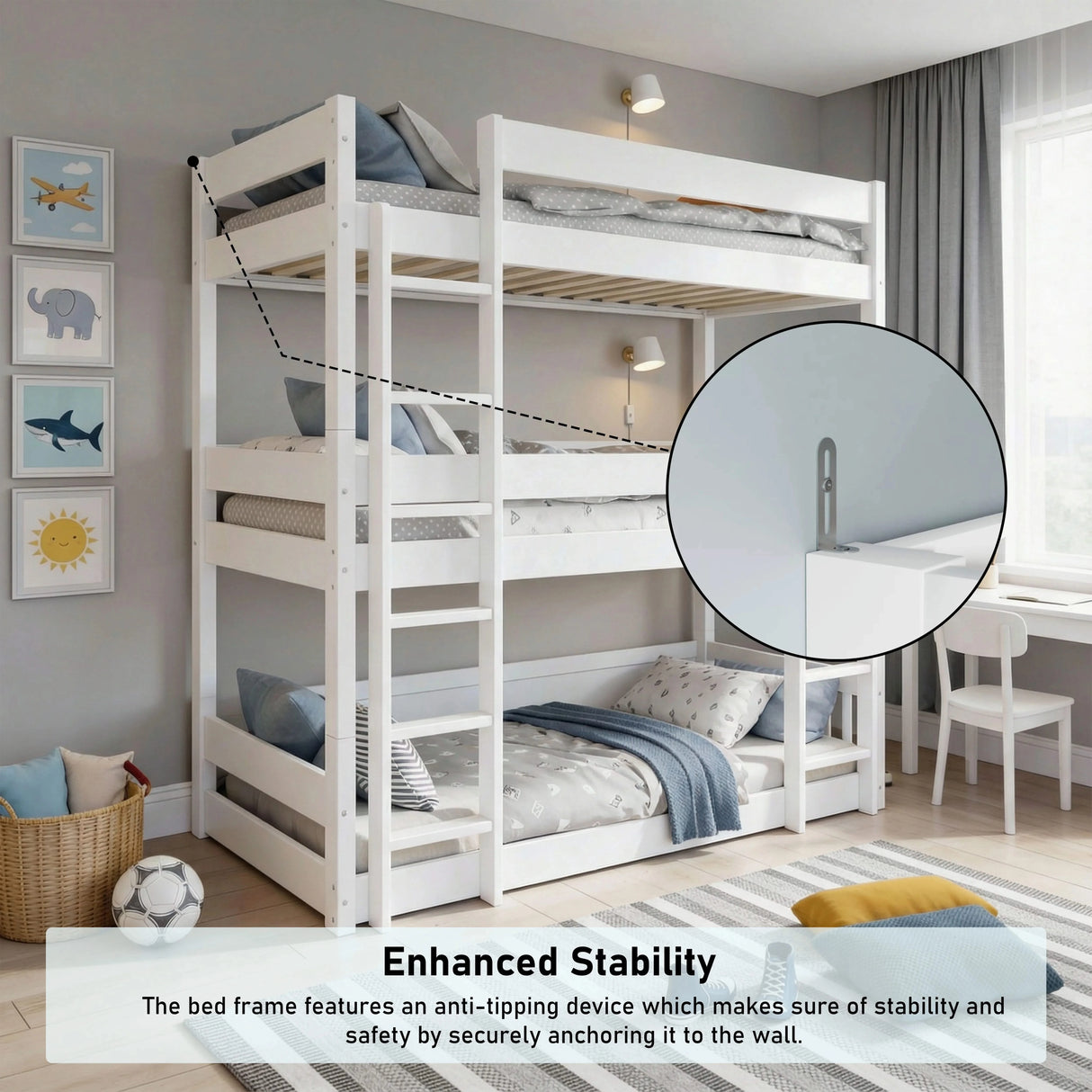 Single triple bunk bed in white wood with three stacked beds, ideal for kids' rooms. Features anti-tipping device for enhanced stability and safety.