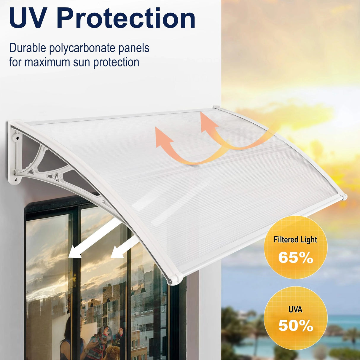 UV-resistant door canopy filtering 65% light and 50% UVA rays, featuring durable polycarbonate panels for optimal sun protection.