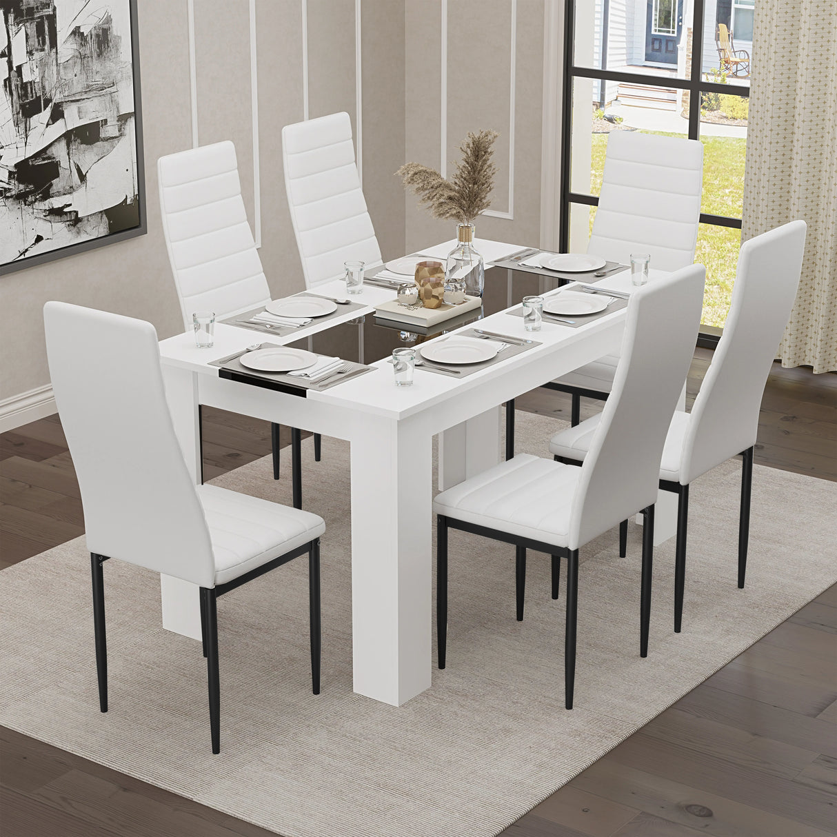 White & Black Gloss 4-6 Seater Dining Table and Chairs Set