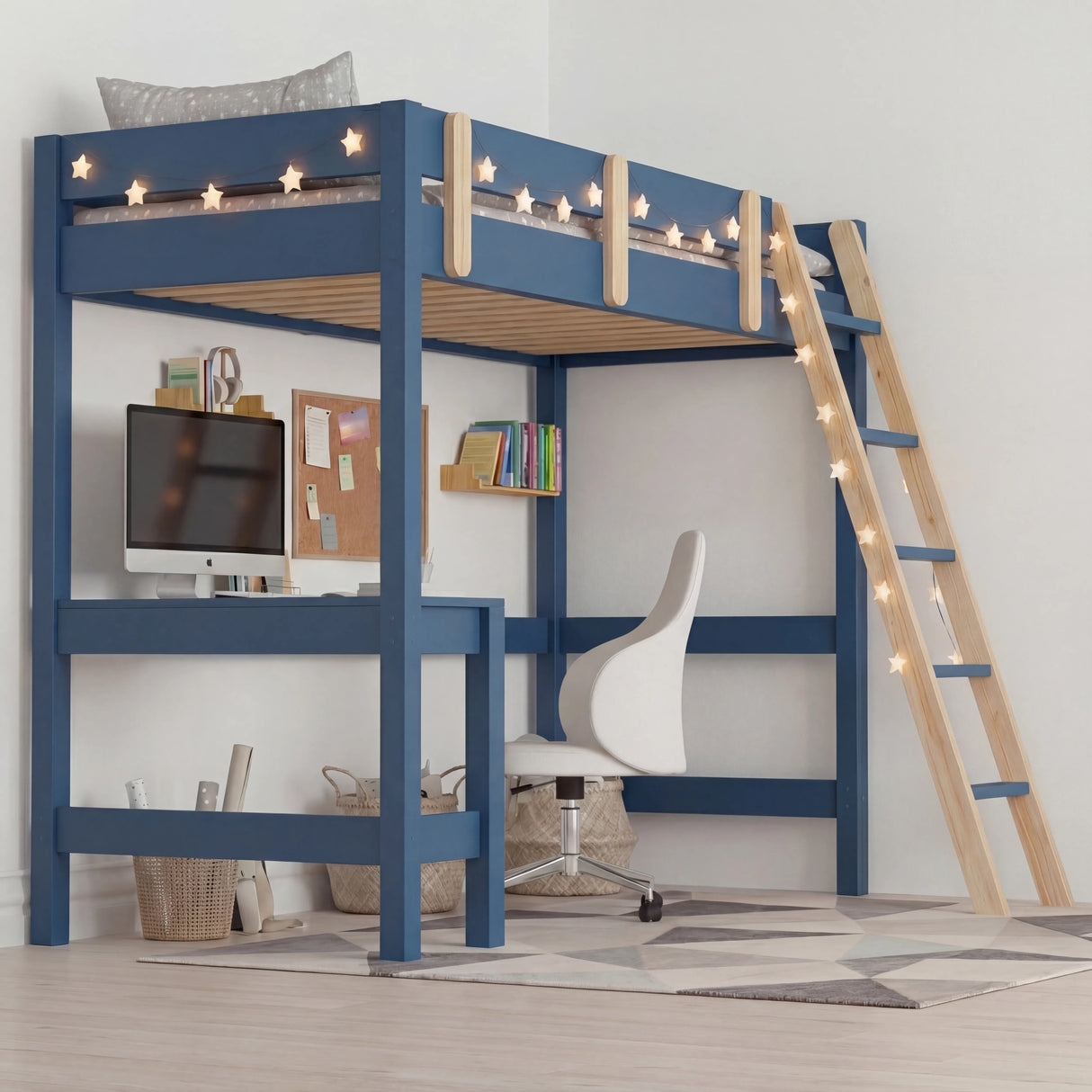 Bunk Bed With Desk - High Sleeper Loft Bed Frame For Kids in blue wood finish with ladder, safety rails, and under-bed study desk setup. Ideal for small bedrooms.