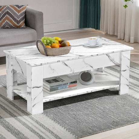 Lift Top Storage Coffee Table in white marble finish with hidden compartment and lower shelf, ideal for modern UK living rooms, 120cm wide.