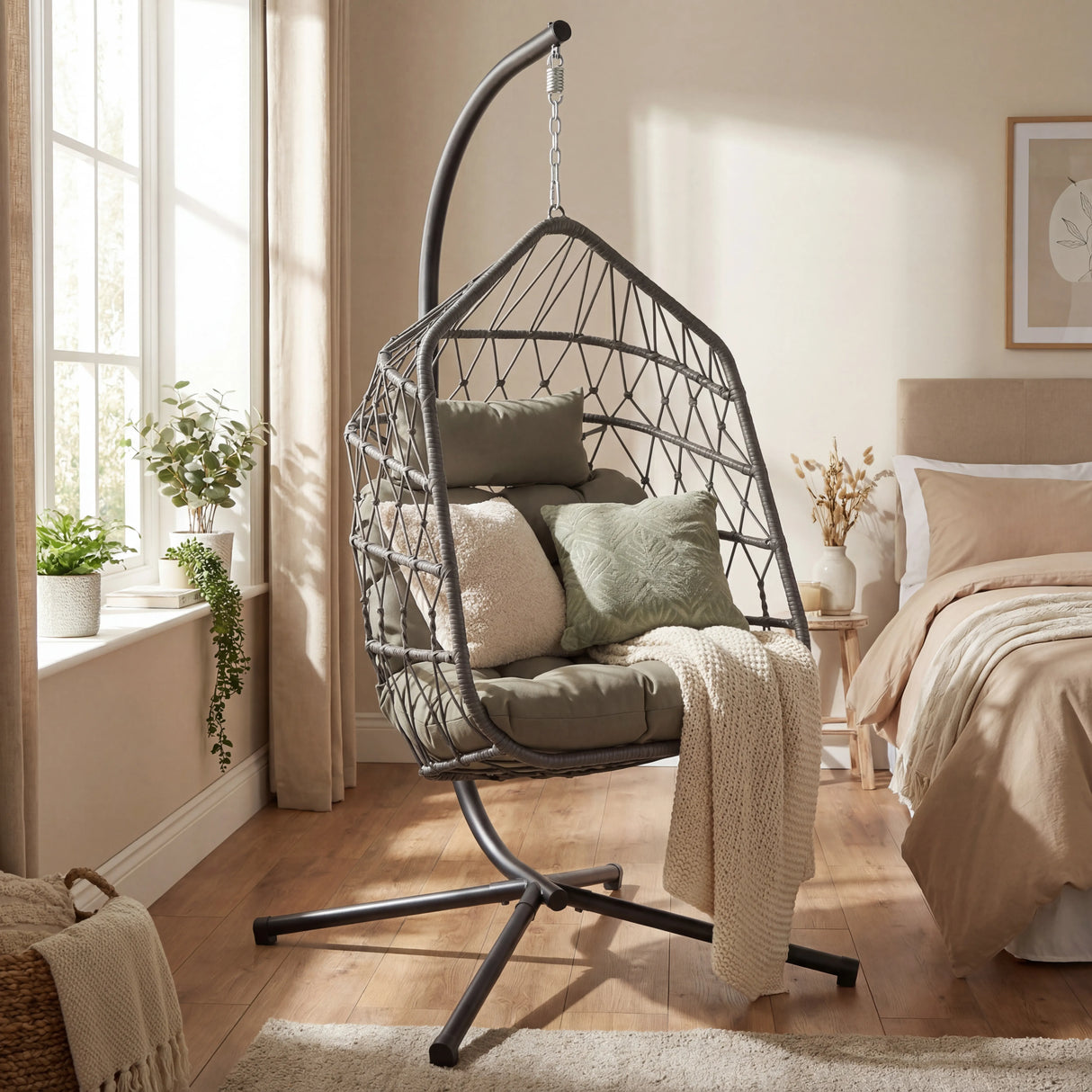 Foldable Hanging Egg Chair With Stand & Cushion
