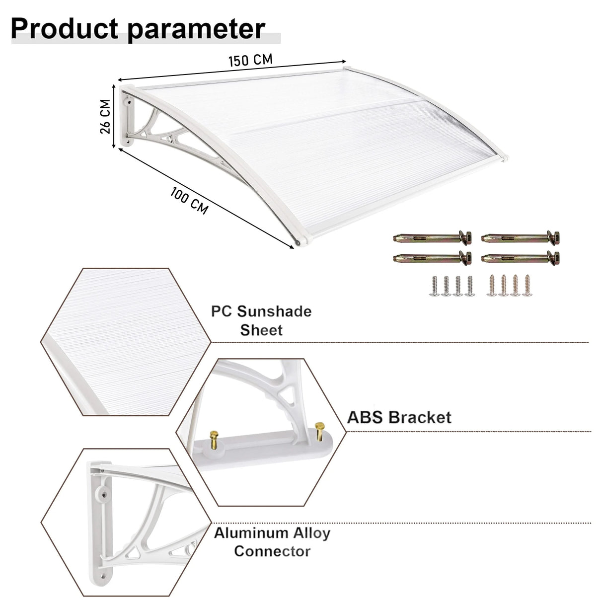 Detailed product specs of door canopy with 150x100x26 cm dimensions, showing PC sheet, ABS bracket, and aluminum connector for sturdy installation.