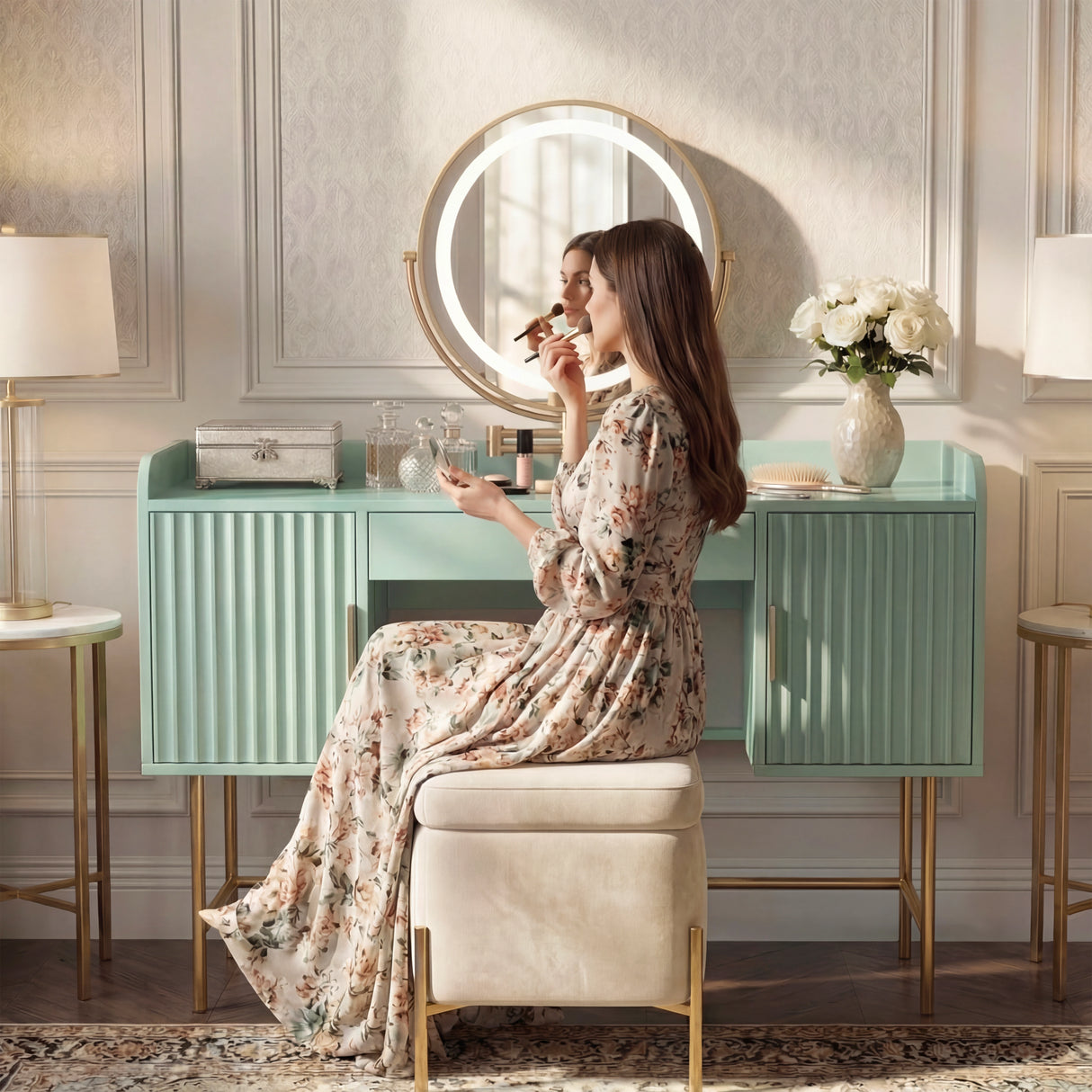 Flutrina Dressing Table with LED Mirror Makeup Vanity Desk