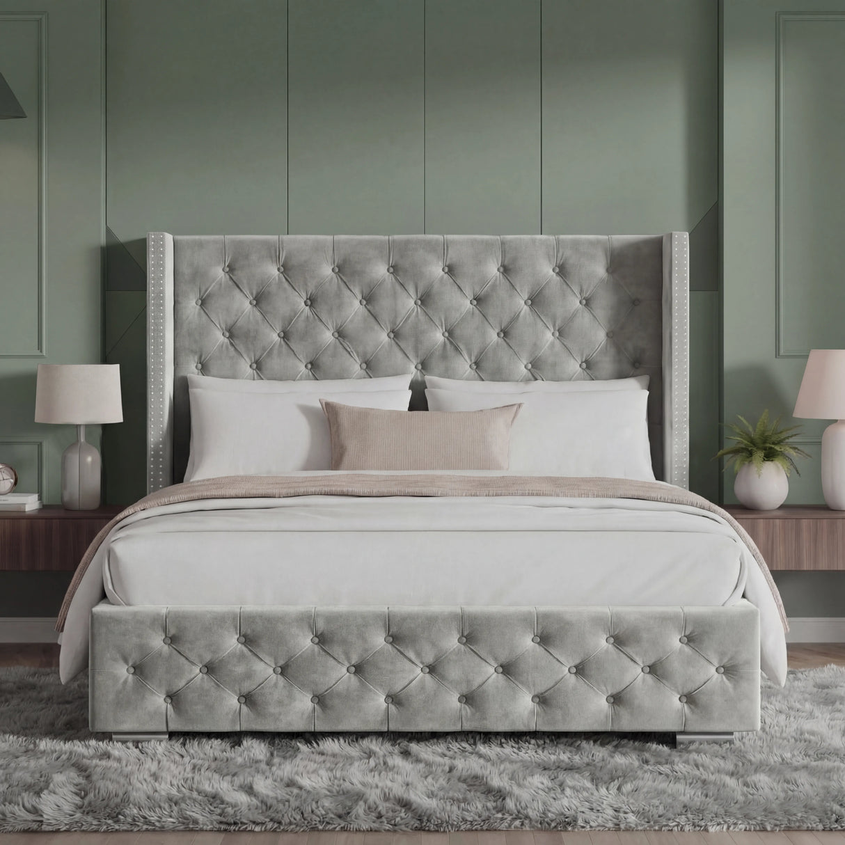 Cross Pattern Velvet Ottoman Storage Bed - Winged Bed Frame