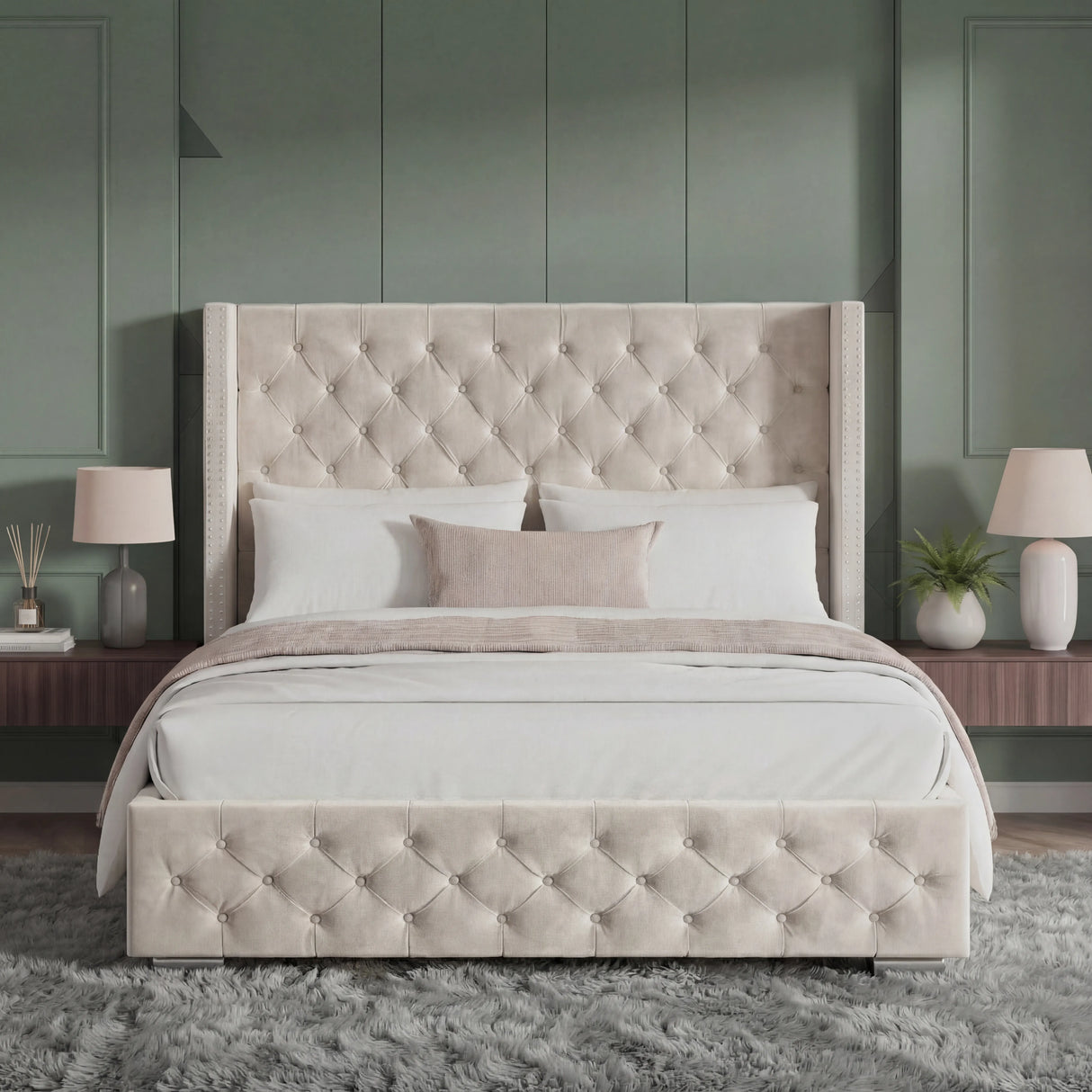 Cross Pattern Velvet Ottoman Storage Bed - Winged Bed Frame