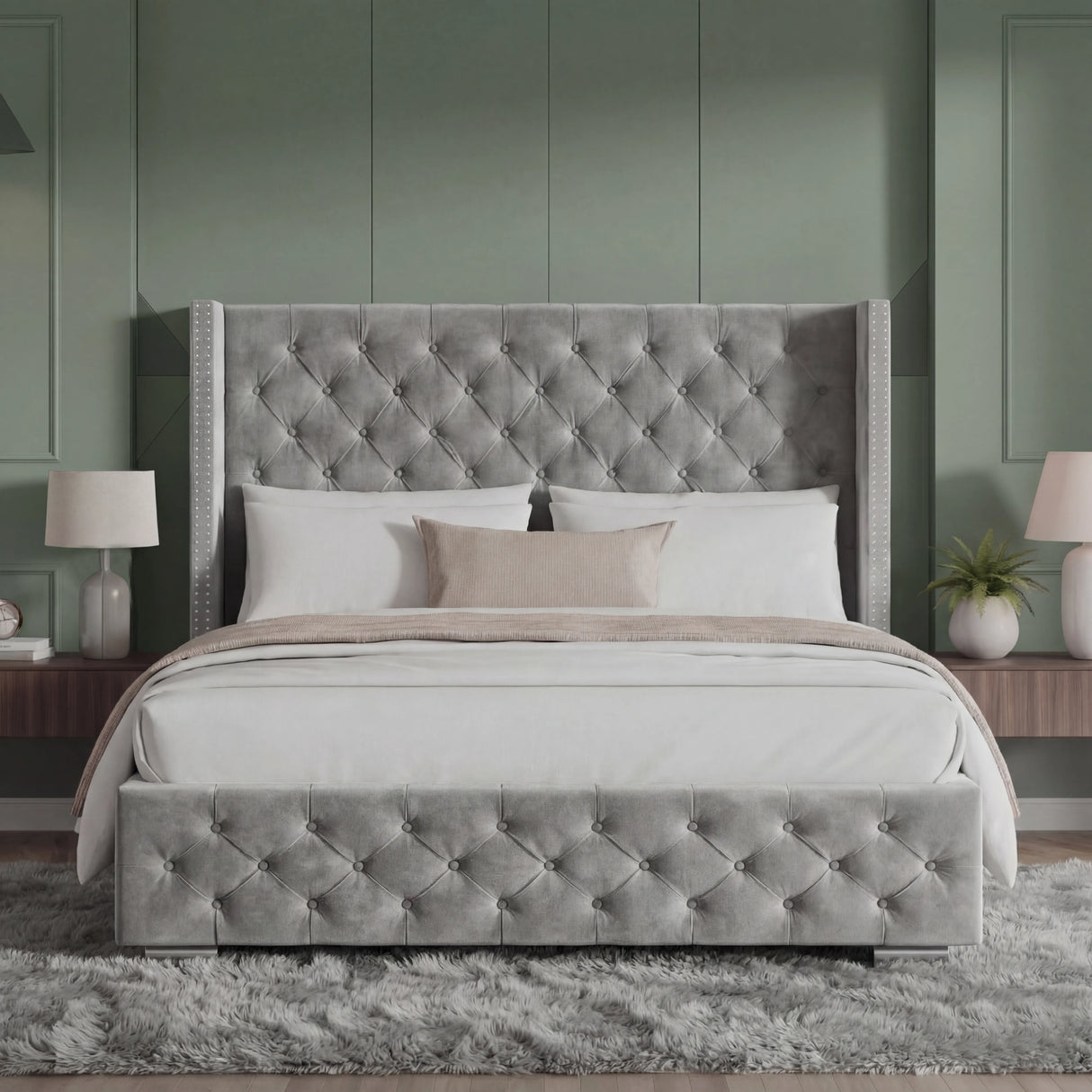 Cross Pattern Velvet Ottoman Storage Bed - Winged Bed Frame