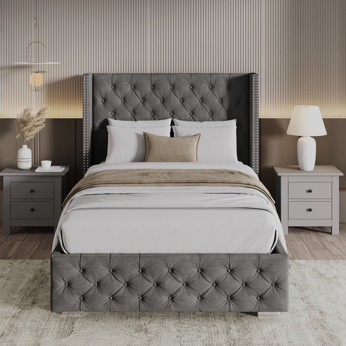 Cross Pattern Velvet Ottoman Storage Bed - Winged Bed Frame