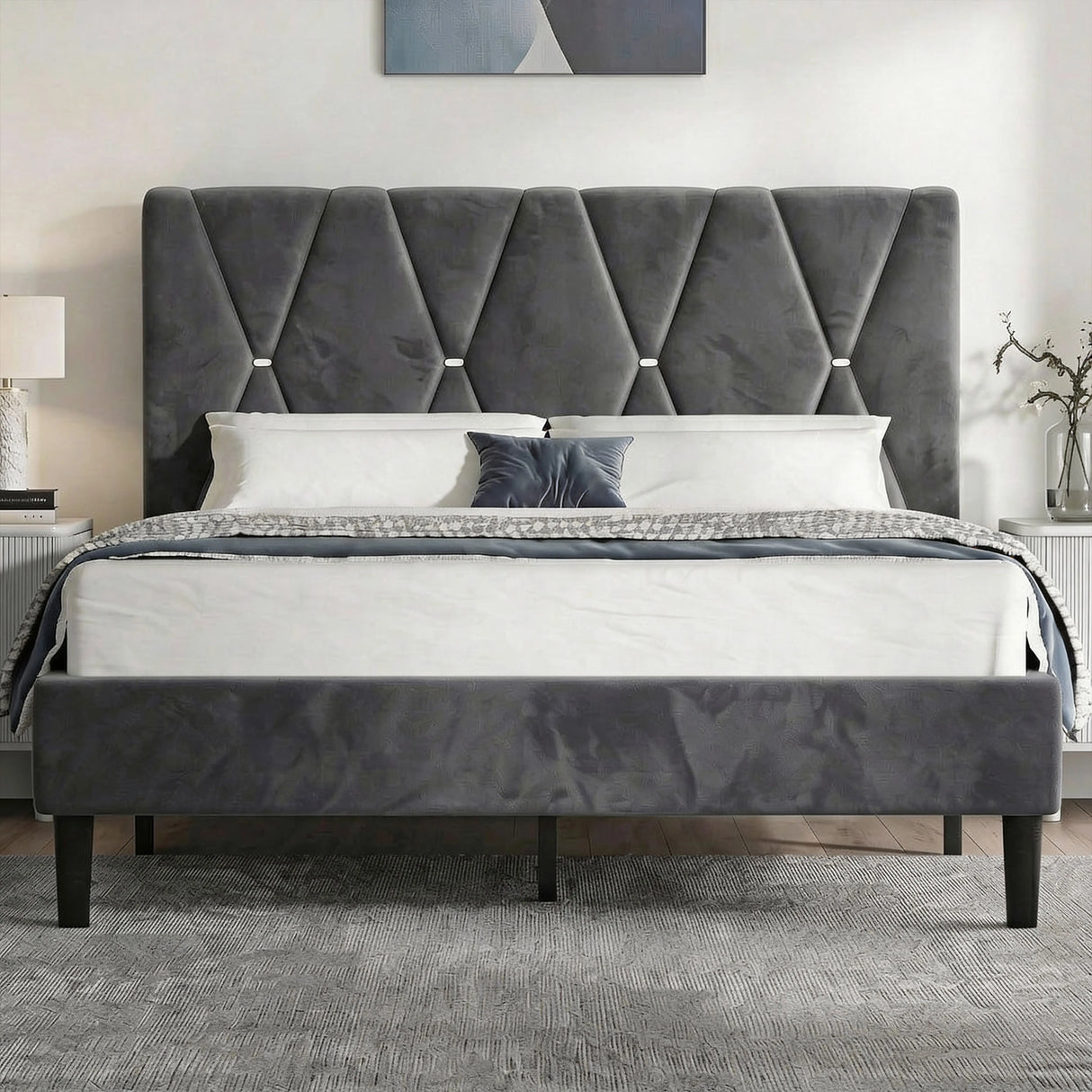 Velvet Double Bed Frame with Headboard Upholstered King Size Bed Frame