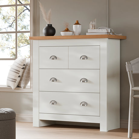 White chest of drawers from the Shaker 4 Piece Bedroom Set with four spacious drawers and oak-effect top, ideal for modern bedroom organization.