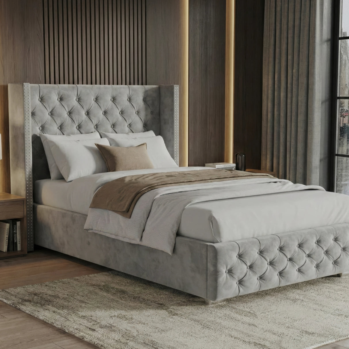 Cross Pattern Velvet Ottoman Storage Bed - Winged Bed Frame