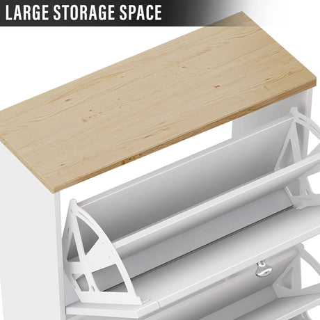 Top compartment of white Shoe Cabinet With Doors with wood top showing large storage space.