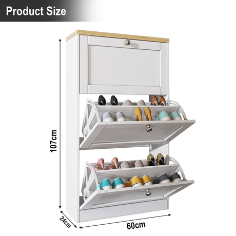 White Shoe Cabinet With Doors dimensions: 107cm tall, 60cm wide, 24cm deep, ideal for narrow spaces.
