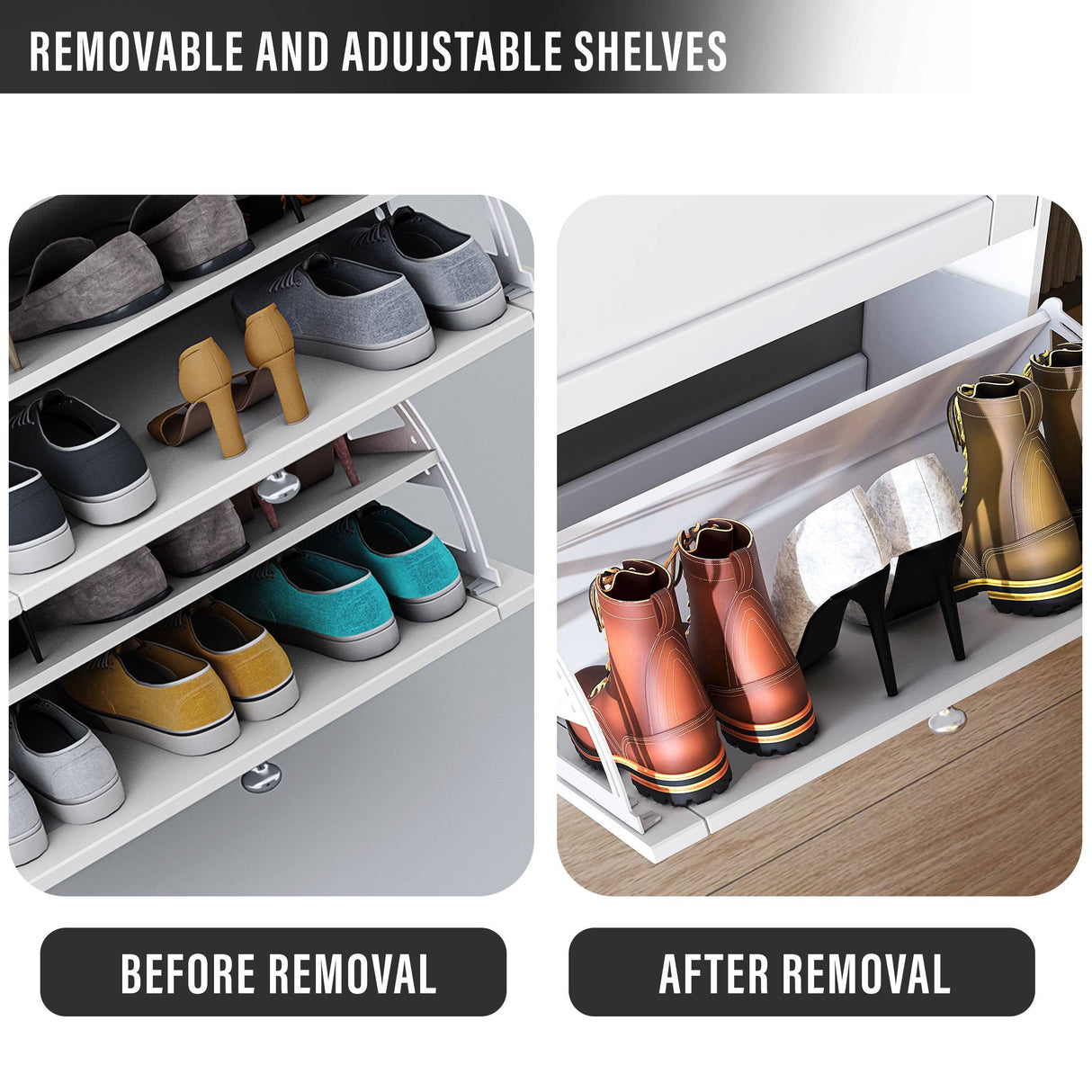Before and after shelf adjustment in white Shoe Cabinet With Doors for versatile shoe storage.