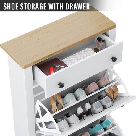 White shoe storage cabinet with drawer, ideal for organizing shoes in UK home.