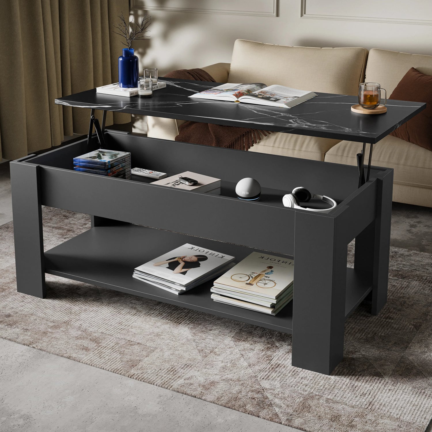 Lift Top Storage Coffee Table in matte black finish with marble-effect top, featuring hidden compartment and lower shelf, ideal for modern UK living rooms.